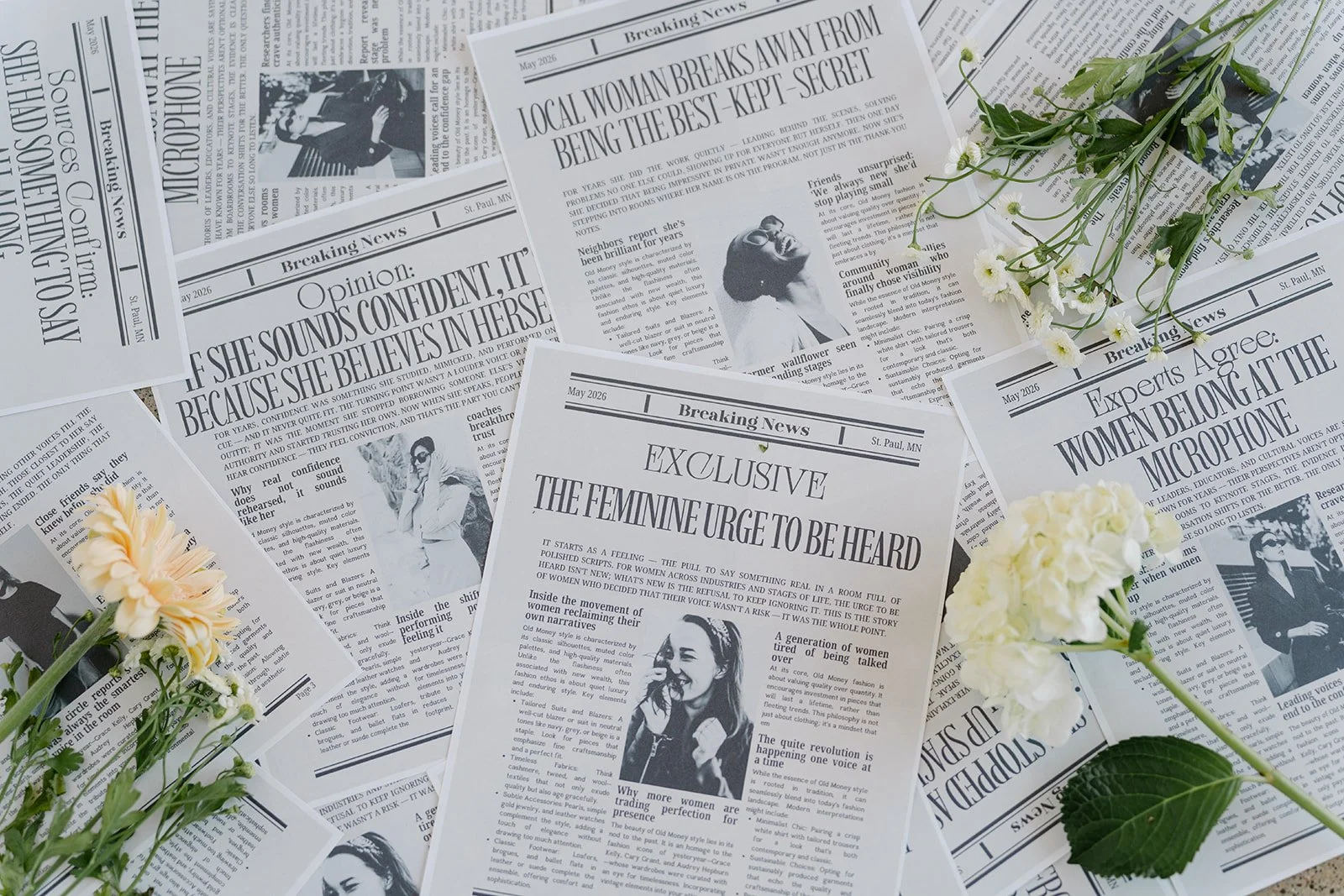 Multiple newspapers with headlines about women's rights and empowerment, arranged on a surface with white and yellow flowers and green leaves scattered around.