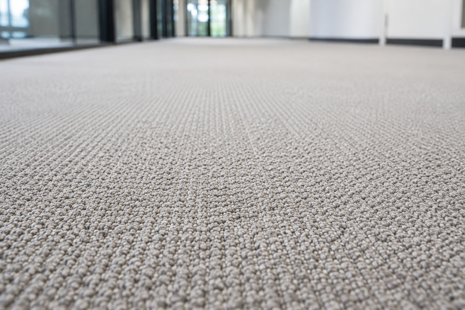 Close-up view of a beige textured carpet in a modern building corridor with glass doors at the end.