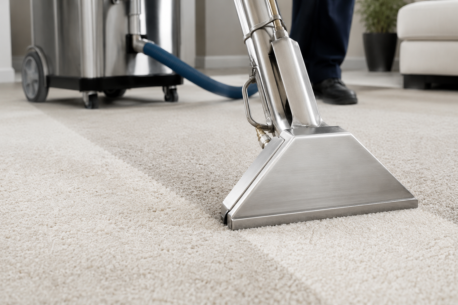 A person operating a carpet cleaning machine on a beige carpet in a living room.