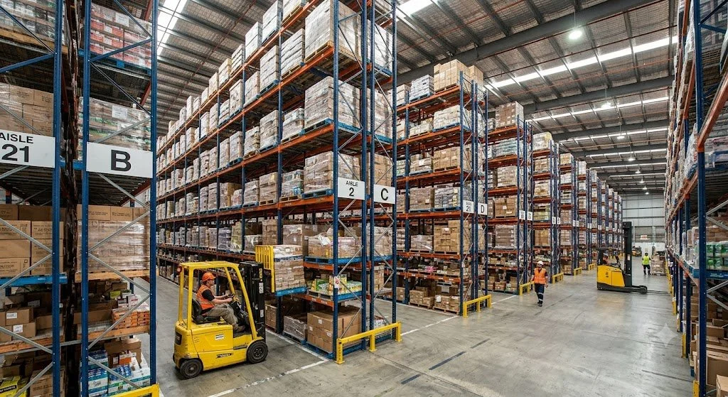 Warehouse with tall shelving units filled with boxes and pallets, forklift moving goods, and workers in safety vests and helmets.