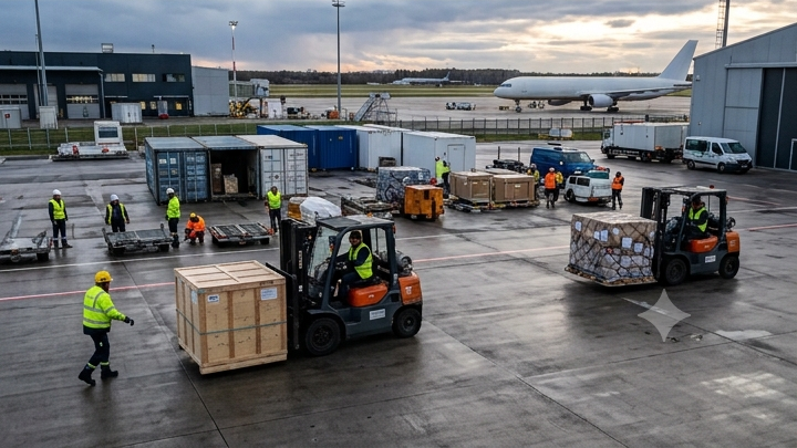 Airport ground crew loading cargo onto an airplane using forklifts and carts on a tarmac, with other staff and luggage containers visible.