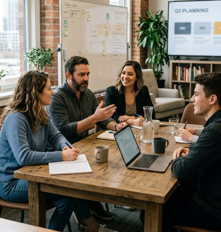 A group of five people engaged in a meeting around a wooden conference table in an office, with a whiteboard and a screen displaying a planning presentation in the background.