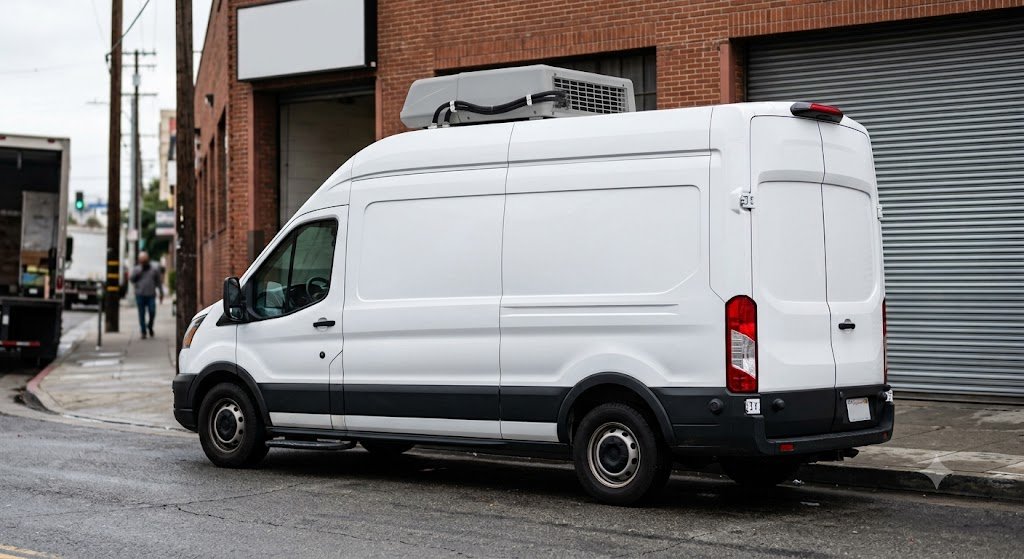White delivery van parked on city street with brick buildings and a rolling metal door in the background.