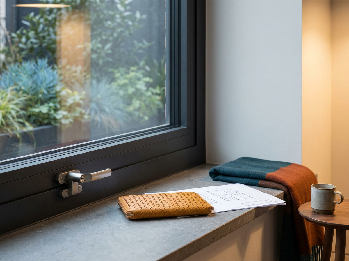 A windowsill with a yellow woven pouch, some papers and a printout, a ceramic mug, and a folded colorful blanket.