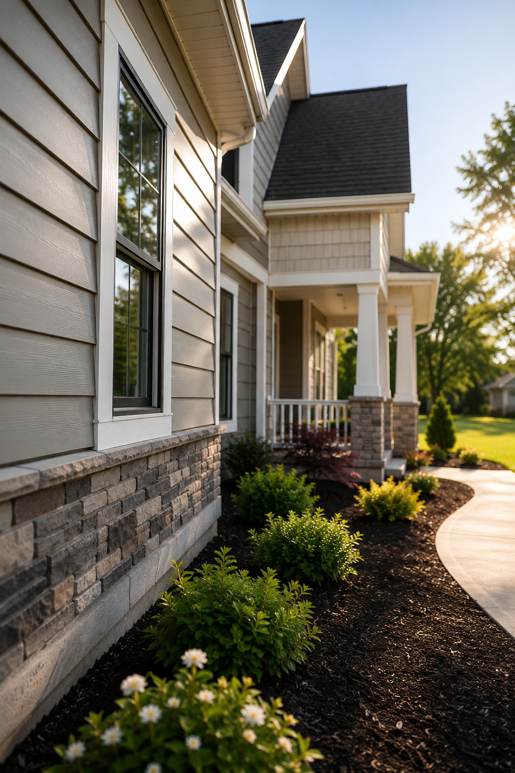 Close-up of a house exterior with beige siding, white window frames, and brick foundation, surrounded by landscaped plants and a curved sidewalk, taken in sunlight.