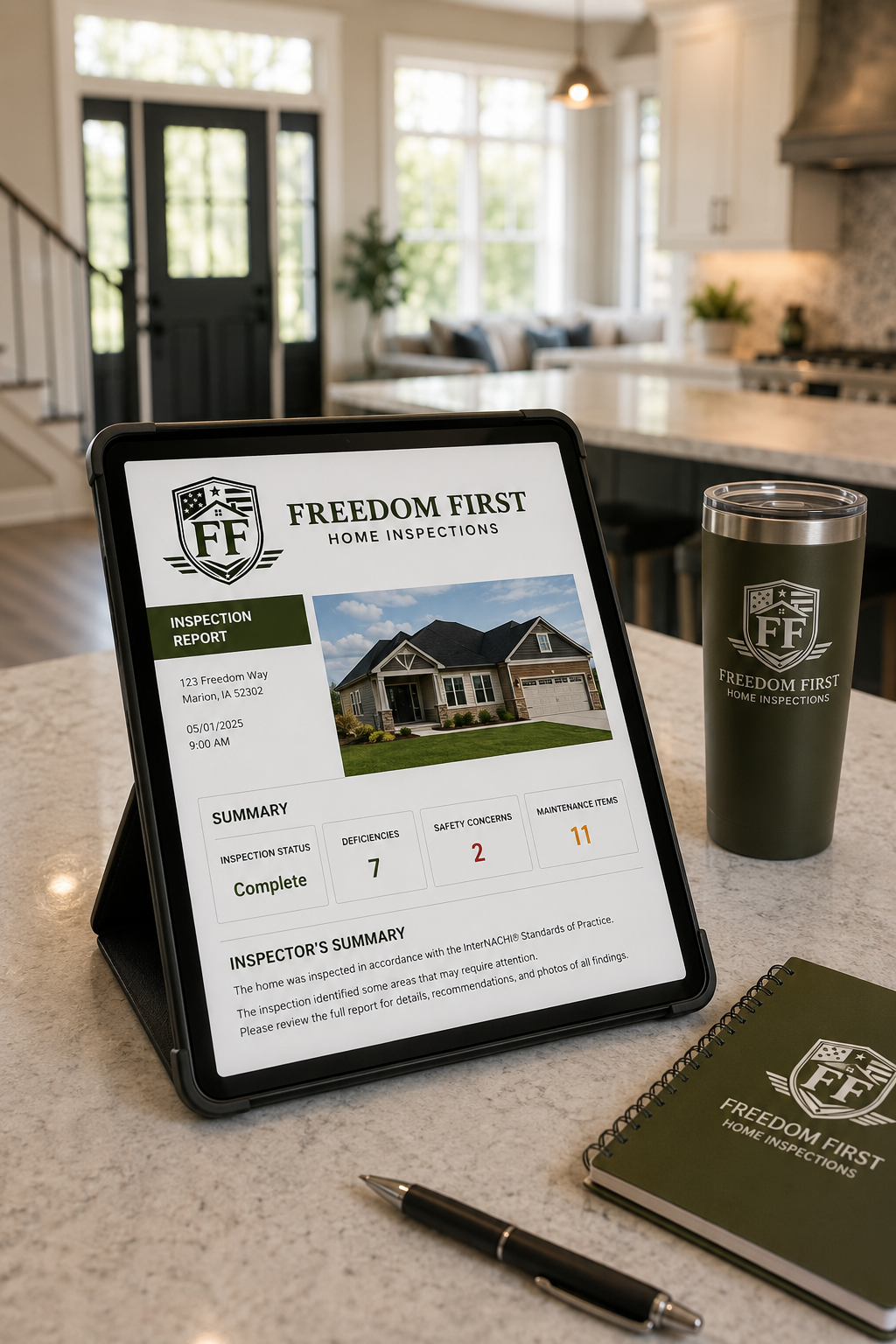 Tablet displaying a home inspection report from Freedom First Home Inspections, with a photo of a house, inspection details, and a summary of inspection status, deficiencies, safety concerns, and maintenance items, on a kitchen countertop alongside a branded tumbler, notebook, and pen.