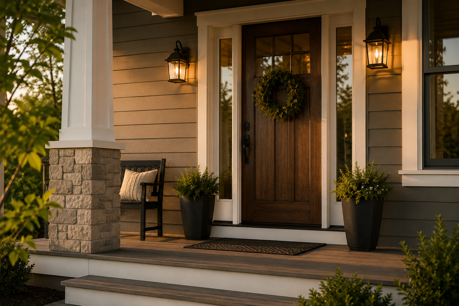 A front porch of a house at sunset with two black lantern-style lights, a wooden front door with a wreath, two large potted plants, a black bench with a cushion, and steps leading up to the porch.