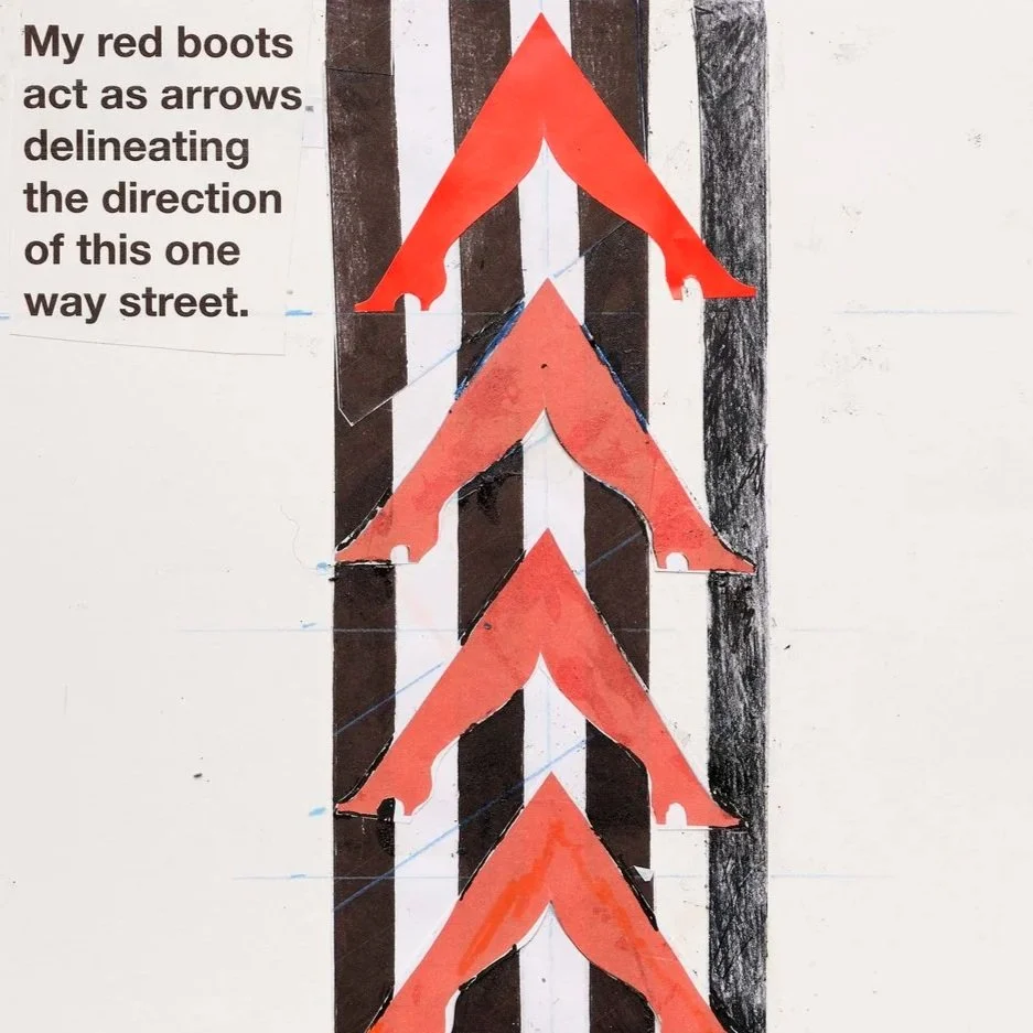 "Red Boots,"
ink, colored pencil, collaged onto heavy paper, 11 x 8 1/2 inches