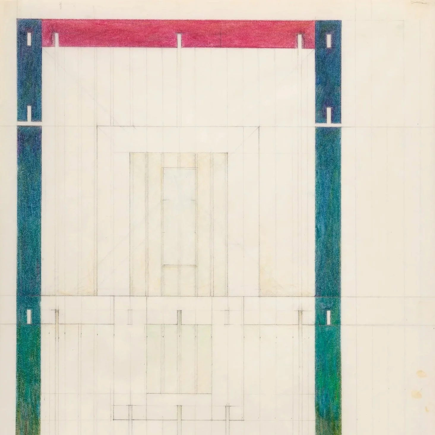 "Green Walls and White Walls," 1982,
colored pencil, graphite, vellum, paper, 11 x 8 1/2 inches
