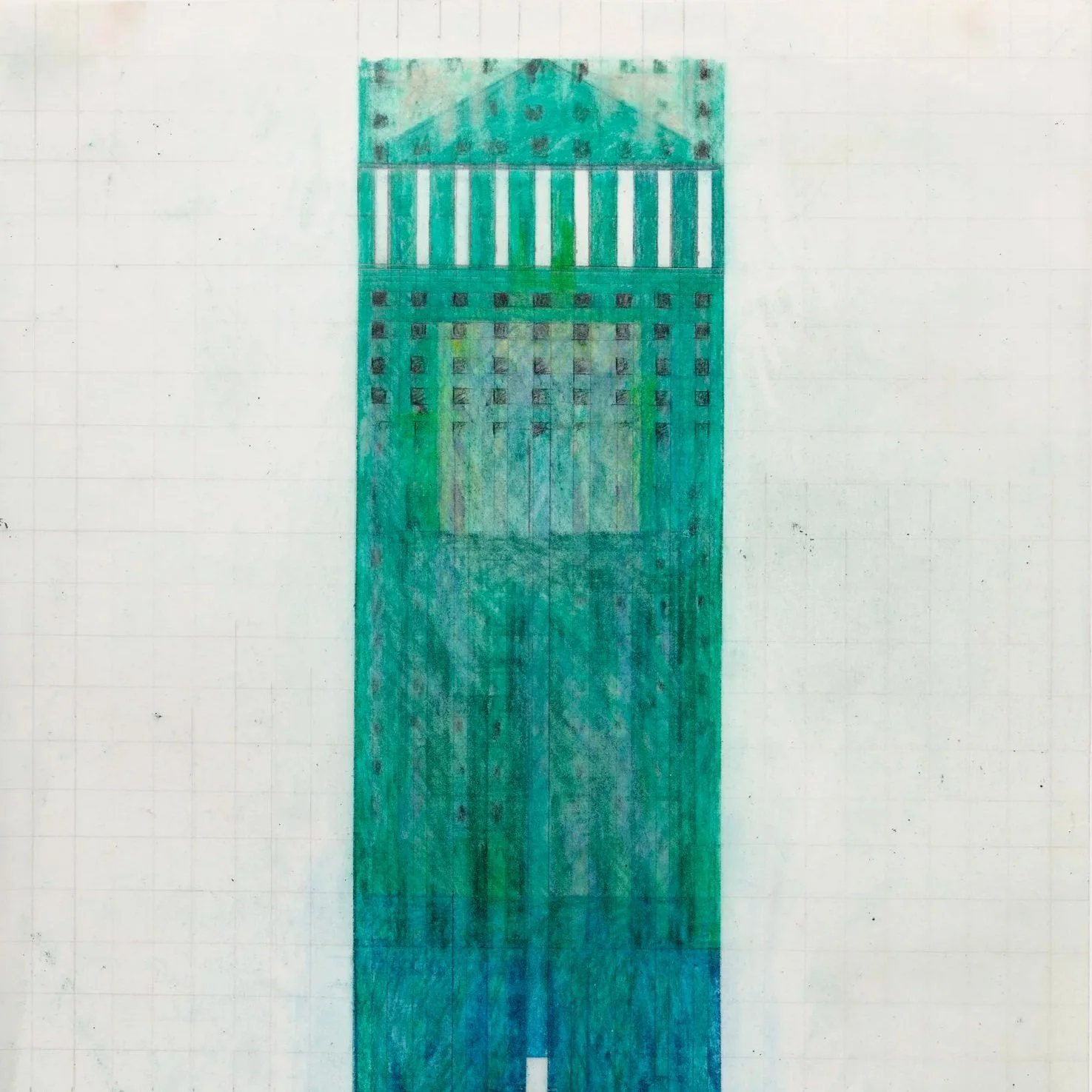 "Green Building #1," 1985,
colored pencil, graphite, vellum, 11 x 8 1/2 inches