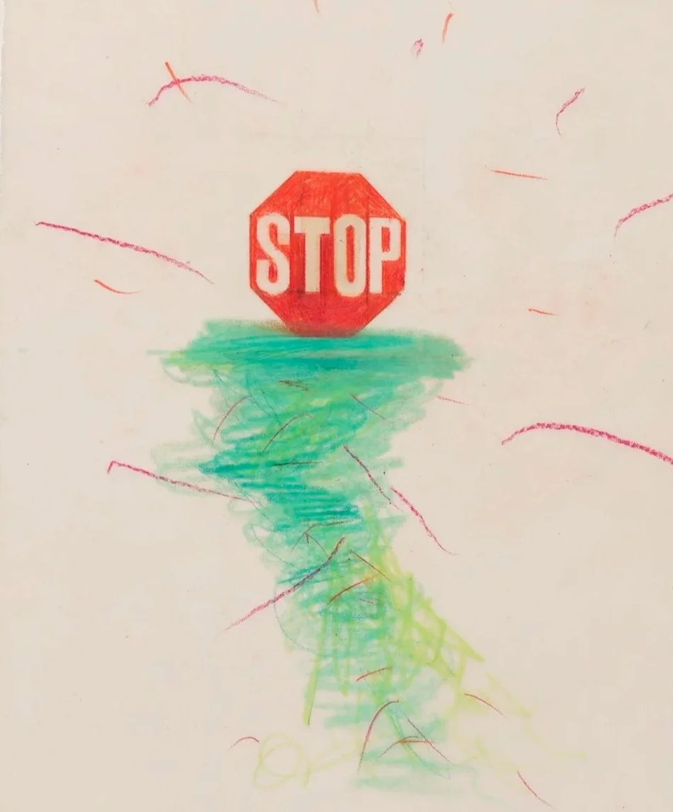 "Untitled (Stop Sign in Green Reflecting Pool),"
colored pencil on vellum, 11 x 8 1/2 inches