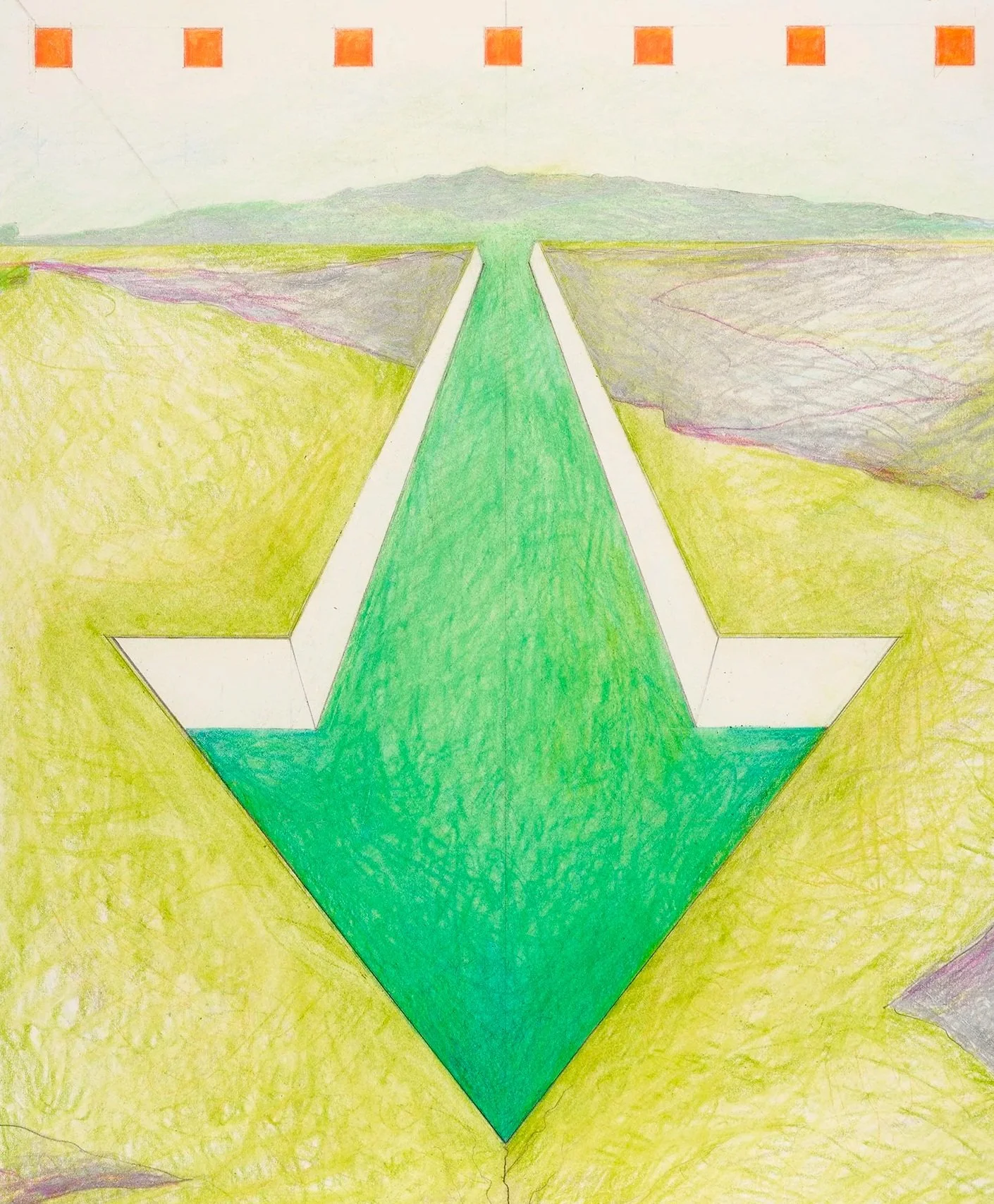 "Untitled (Green Arrow Breaking Ground)," 1980's, 
colored pencil and graphite on paper, 11 x 8 1/2 inches
