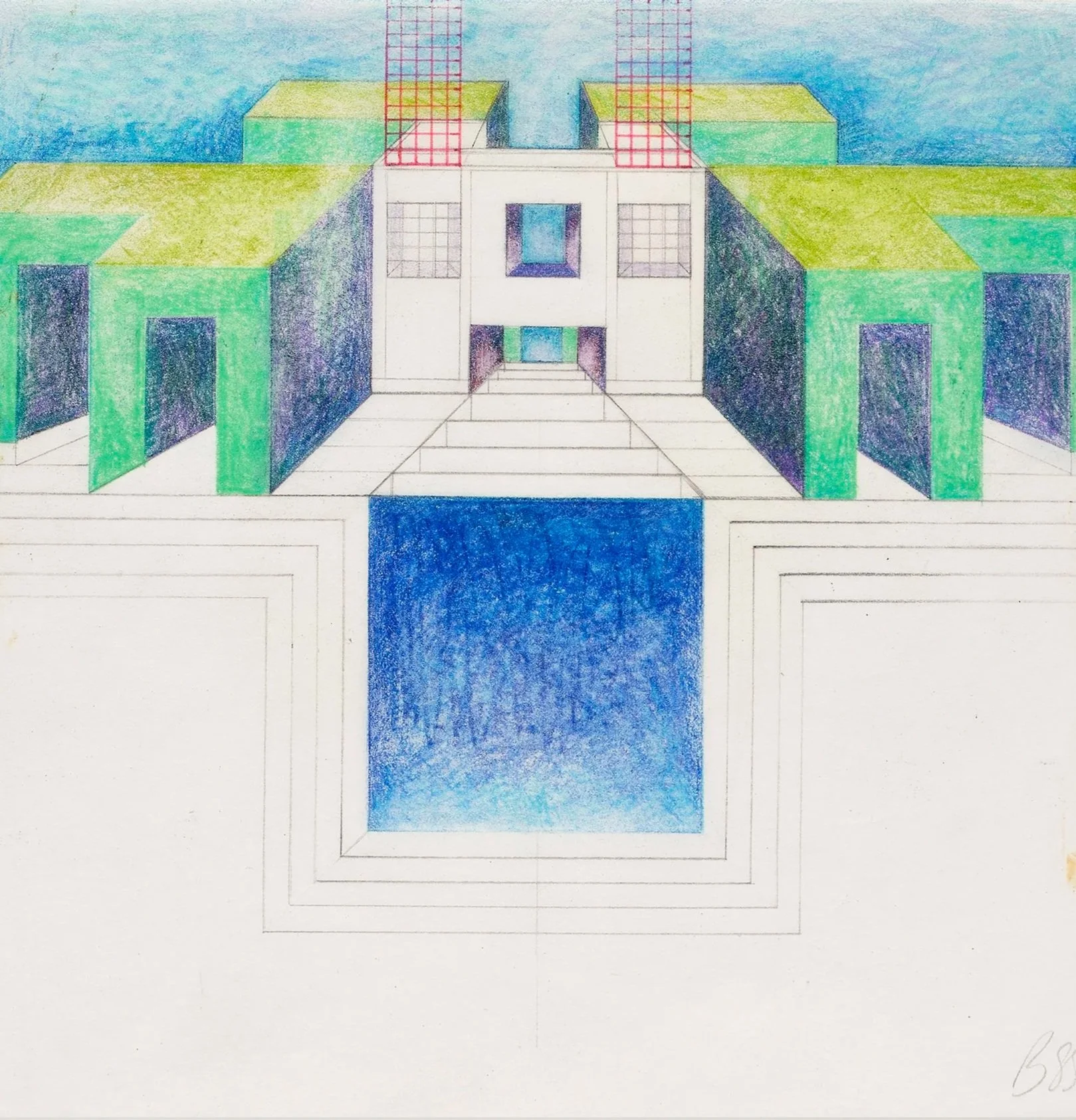 "Untitled (Modernist Green Architecture Utopia & Pool)," 1980's, colored pencil and graphite on paper, 11 x 8 1/2 inches