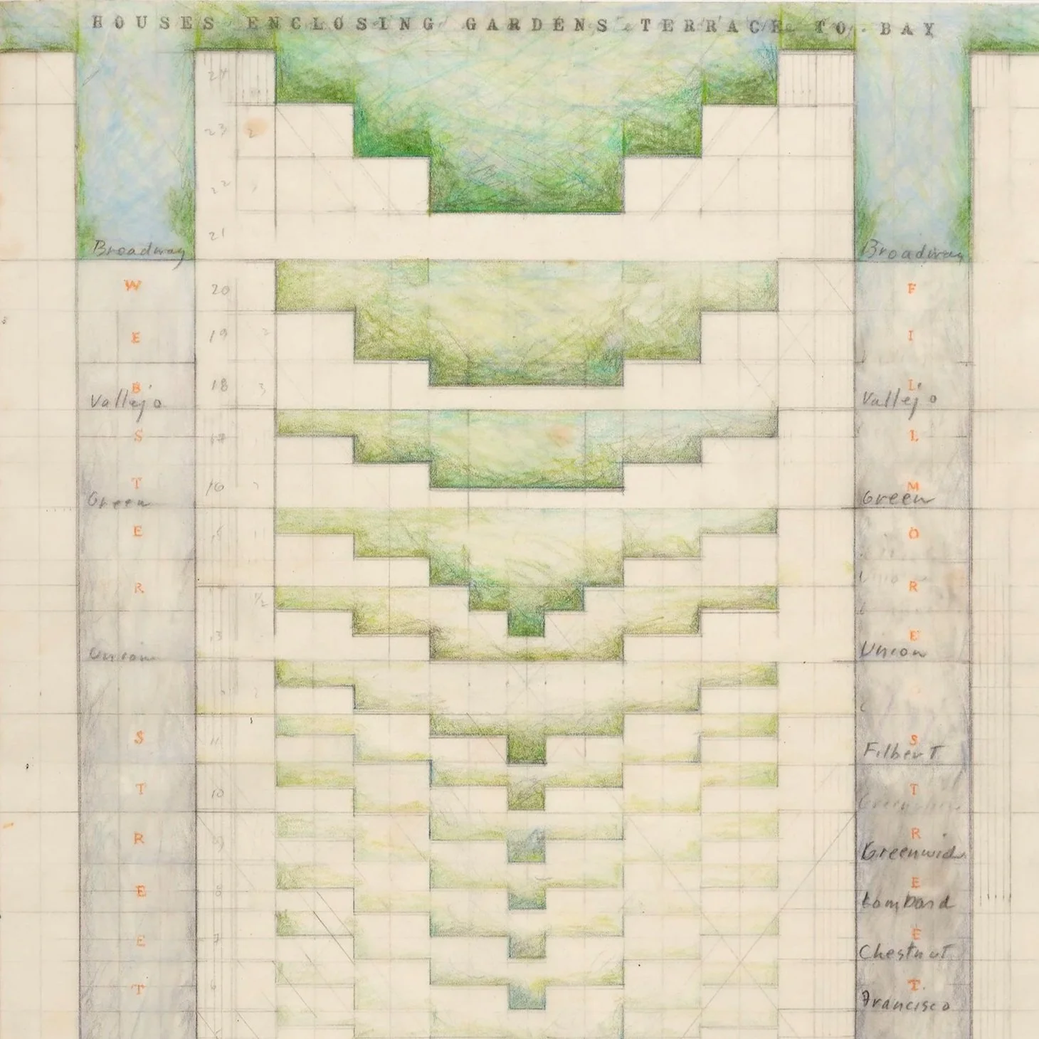 "Untitled (House Enclosing Gardens Terrace to Bay)," c.1980, colored pencil, graphite, ink and vellum on paper, 11 x 8 1/2 inches