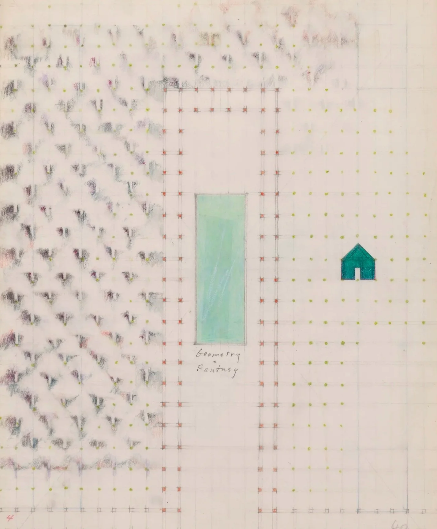 "Orchard and Arbor #2," 1986,
colored pencil, graphite, vellum, paper, 11 x 8 1/2 inches