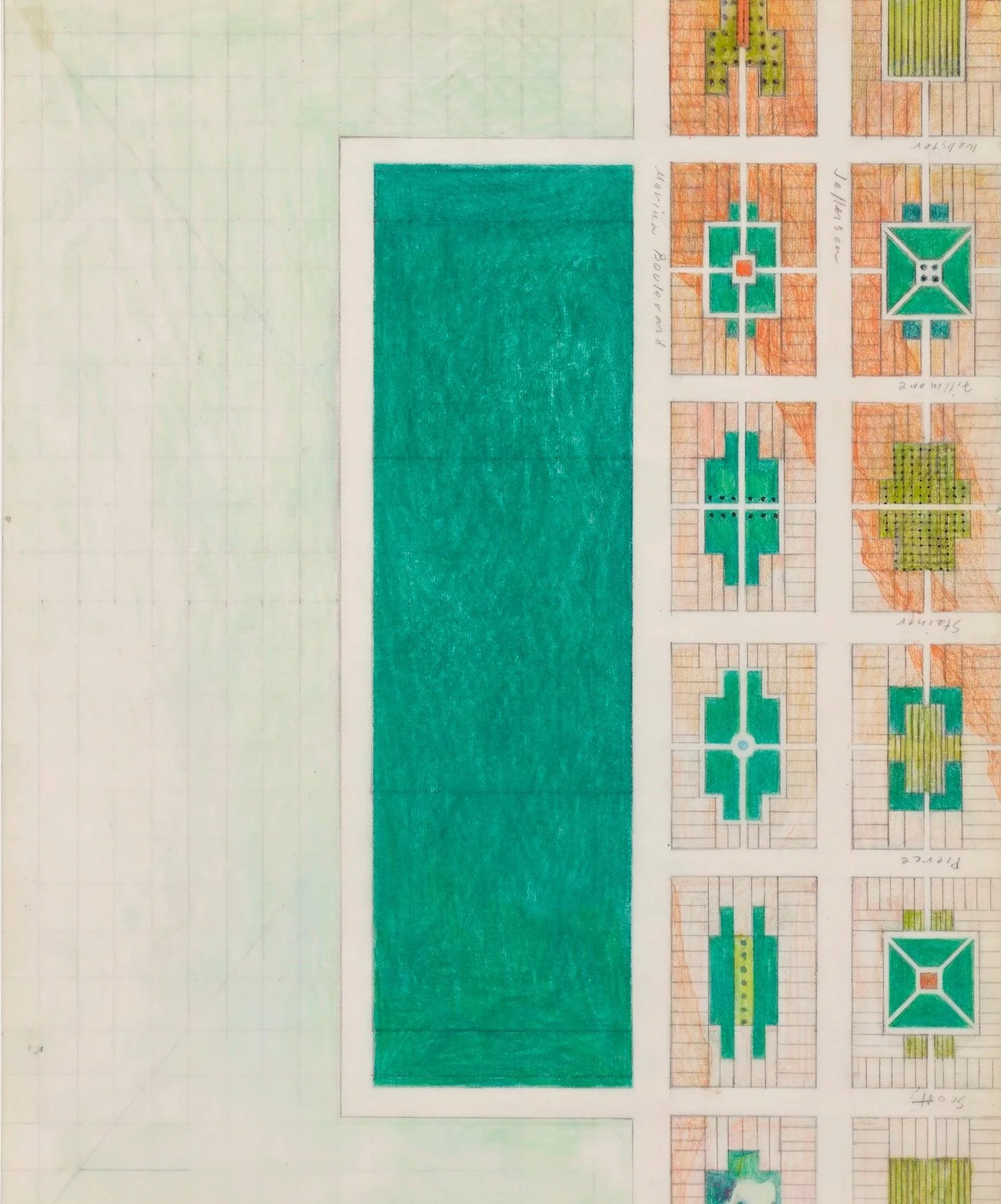 "Marina Green with backyard gardens," 1987, colored pencil and graphite on paper, 11 x 8 1/2 inches