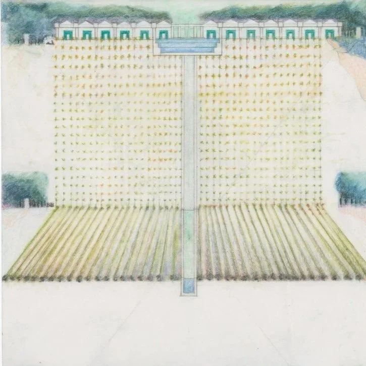 "A formal/agrarian landscape #1," 1986, graphite and colored pencil on velum, 11 x 8 1/2 inches
