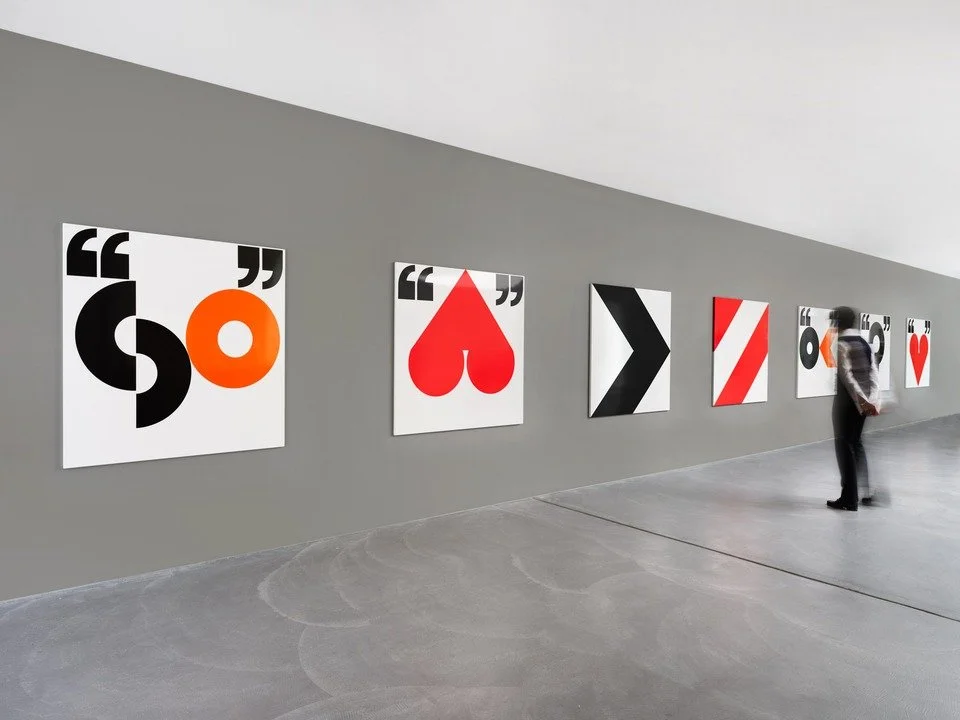 "Supersigns: SO, ASS, CHEVRON, STRIPES, OK, ?, HEART," porcelain enamel on steel, 55 x 55 inches, each