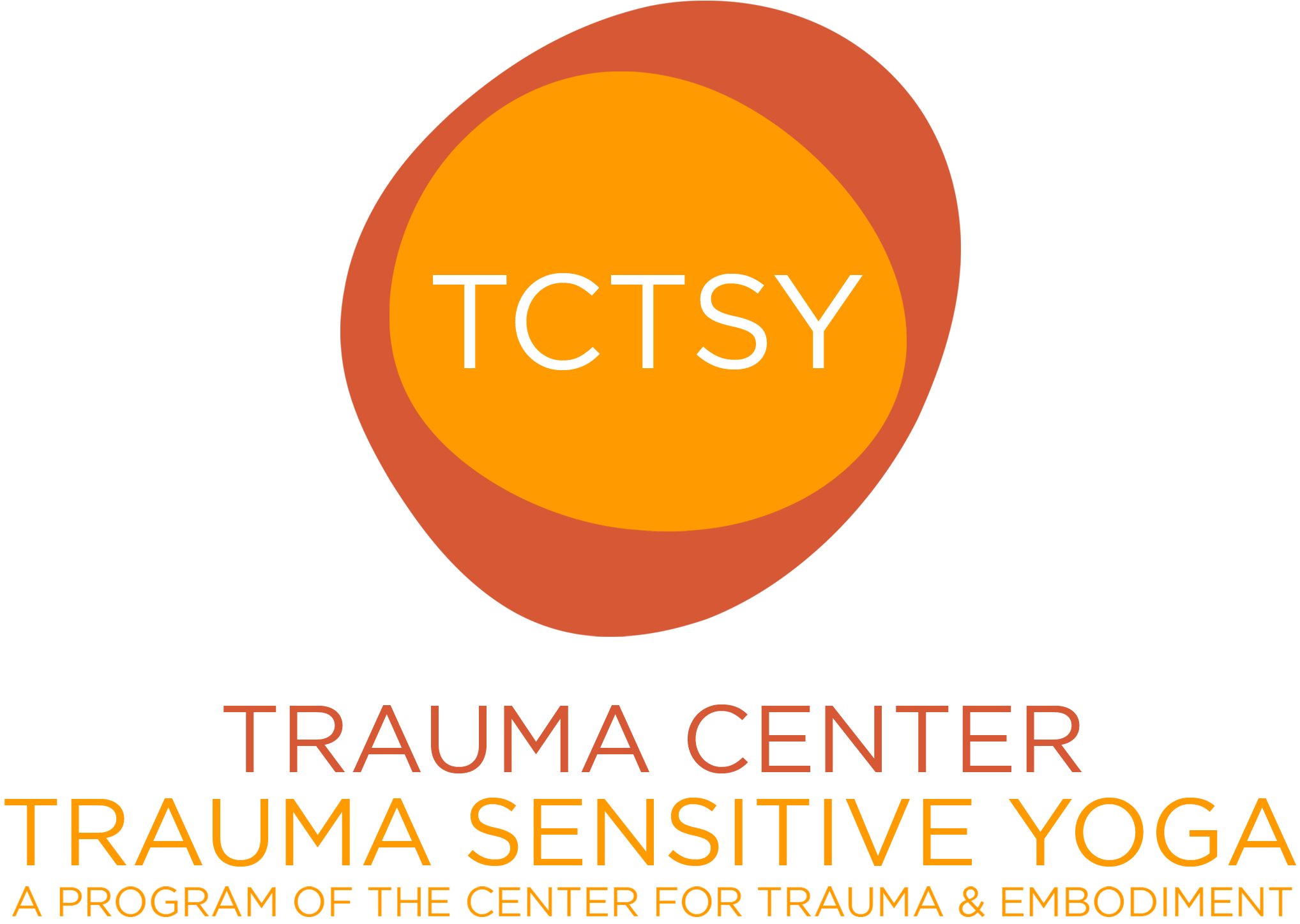 Logo for Trauma Center with orange and brown circular emblem and text reading 'Trauma Center', 'Trauma Sensitive Yoga', and 'A Program of the Center for Trauma & Embodiment'.