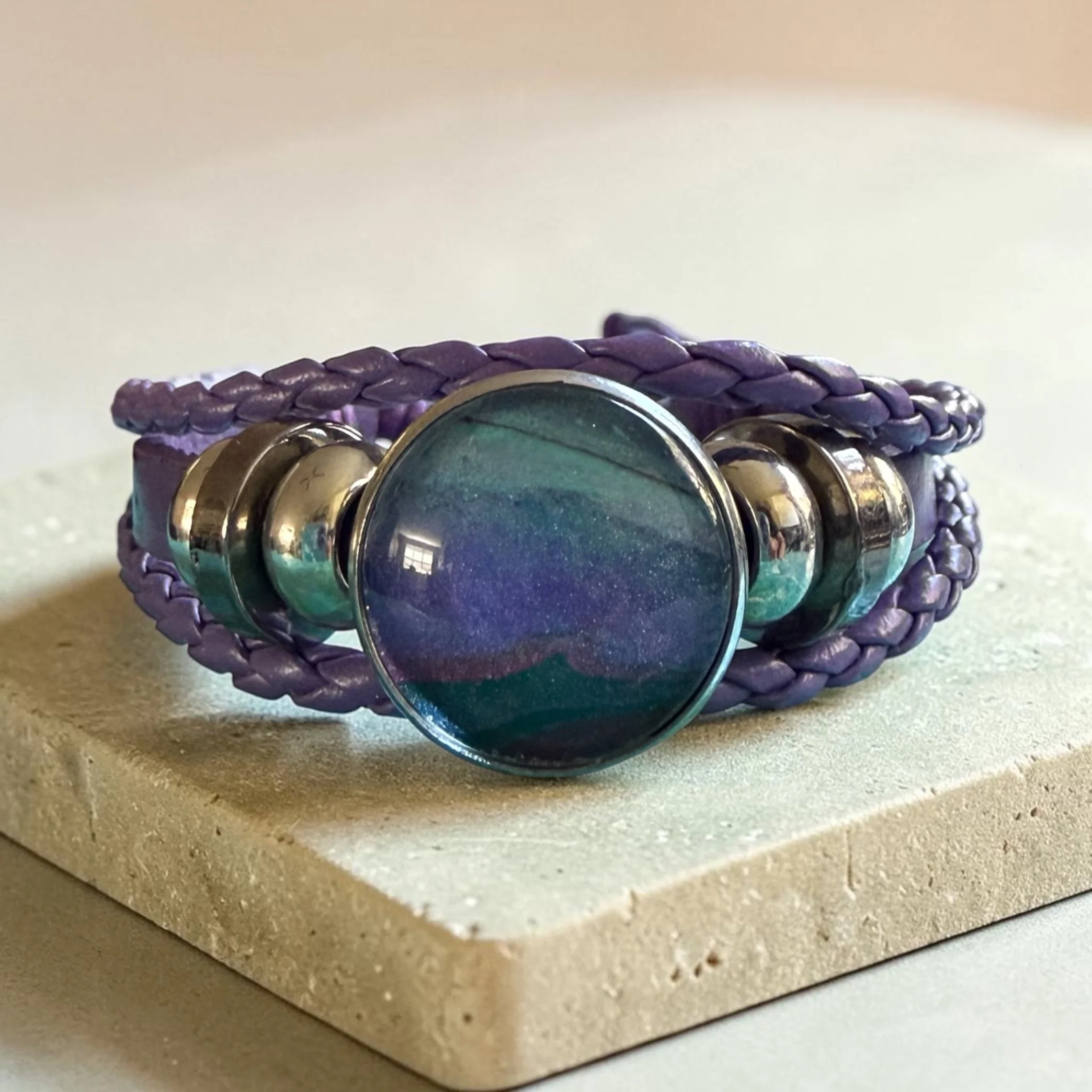 Cabochon Bracelet, Purple and Blue, with Purple Adjustable Strap
$18