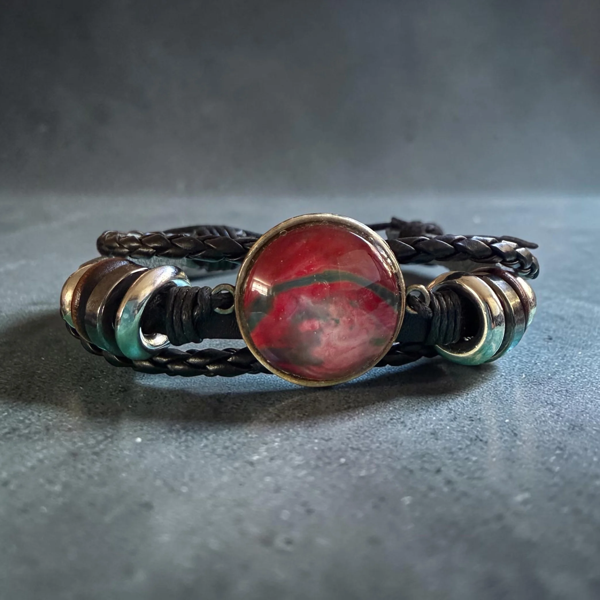 Black Leather Bracelet Red and Dark Blue 1 copy.JPG