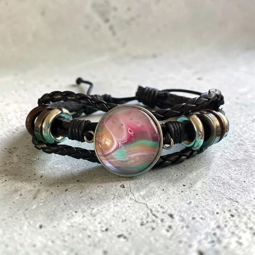 Cabochon Bracelet, Pink and Turquoise, with Black Adjustable Strap
$18