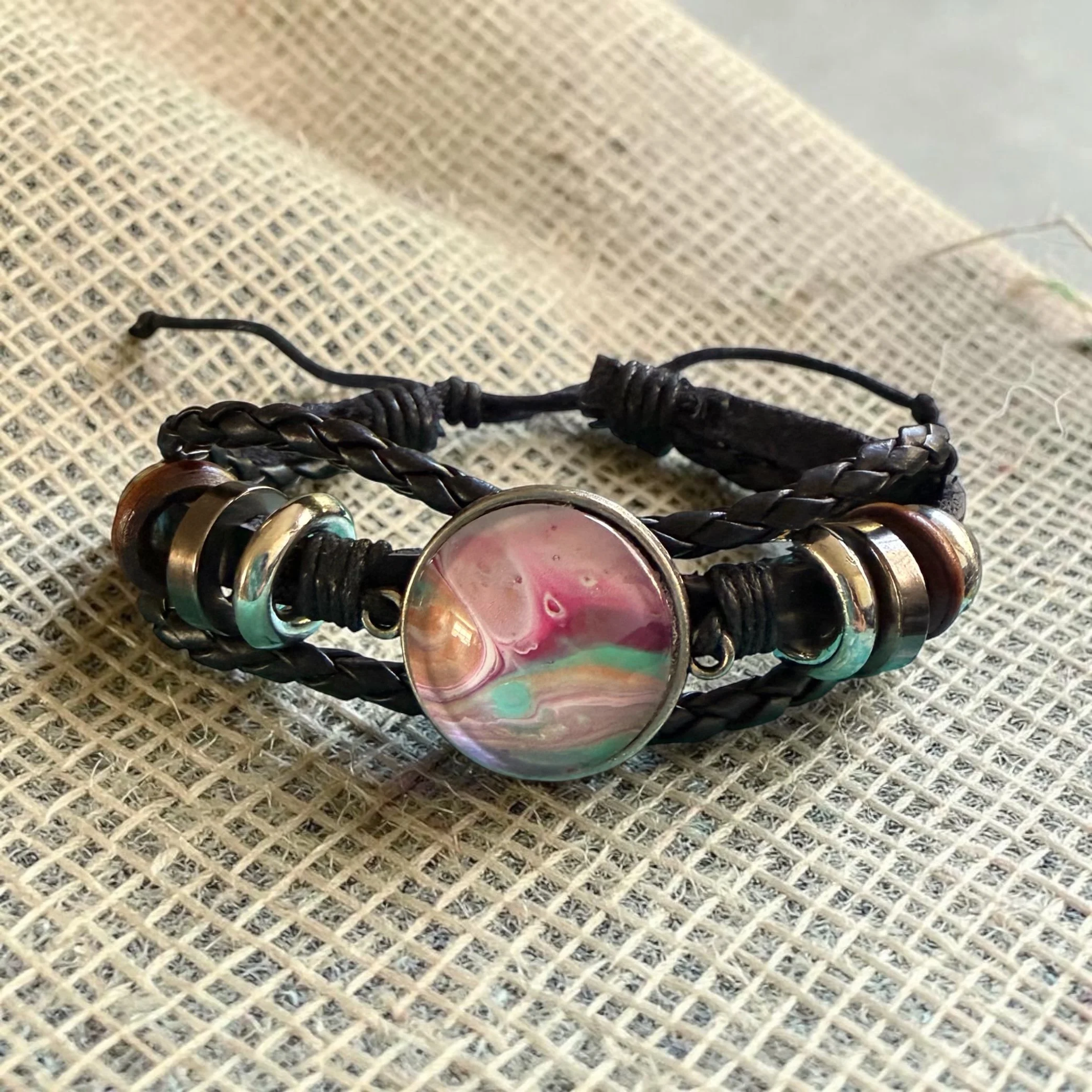Black Leather Bracelet Pink and Turquoise 3 copy.JPG