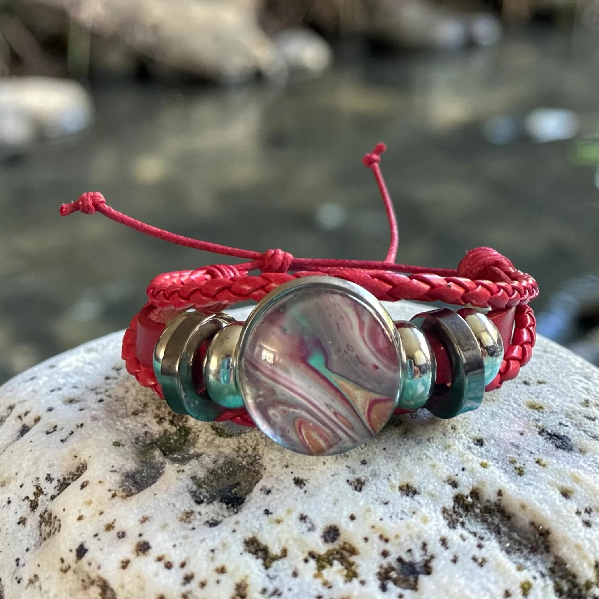 Cabochon Bracelet, Pink, with Red Adjustable Strap.
$18