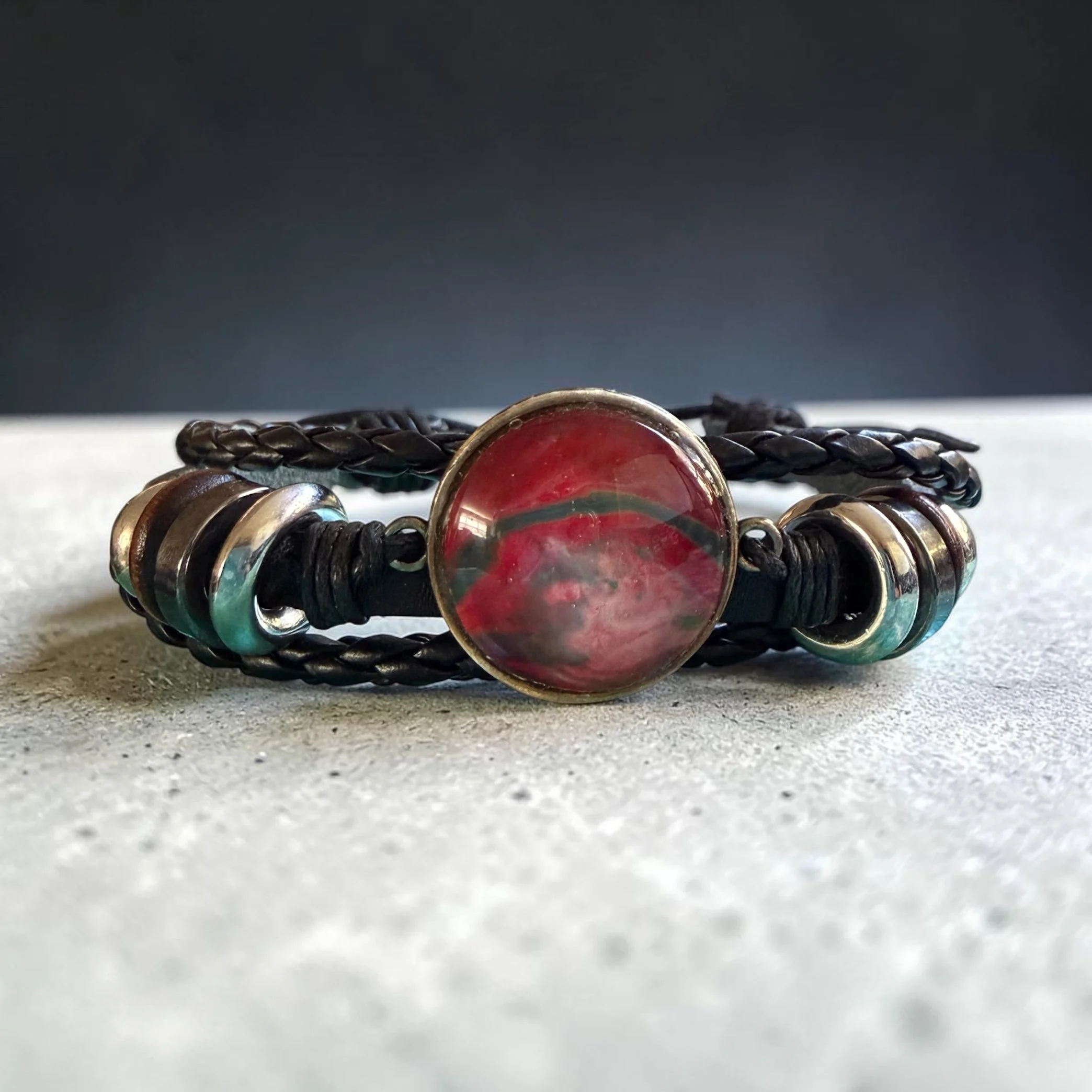 Cabochon Bracelet, Red and Turquoise, with Black Adjustable Strap
$18