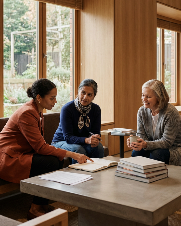 Three women sitting at a table inside a room with large windows and wooden walls, engaged in a conversation with books and papers in front of them.