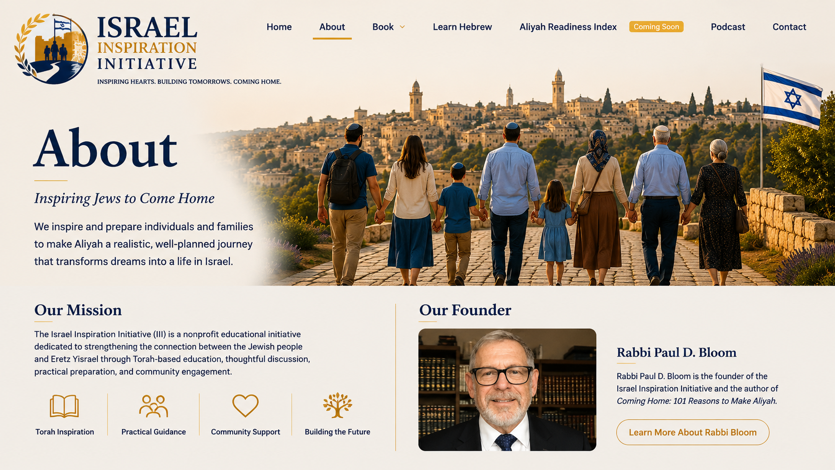 Rabbi Paul Bloom, founder of the Israel Inspiration Initiative, with a family walking toward Jerusalem, representing the mission of inspiring and preparing Jews for Aliyah.