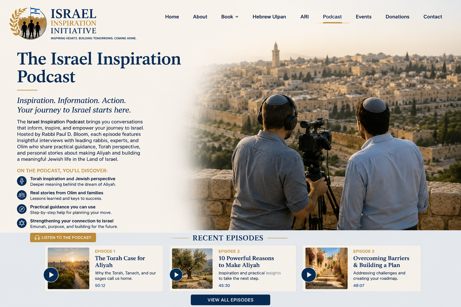 Podcast hosts recording a conversation overlooking Jerusalem, sharing insights about Aliyah, Torah, and building a Jewish future in Israel.