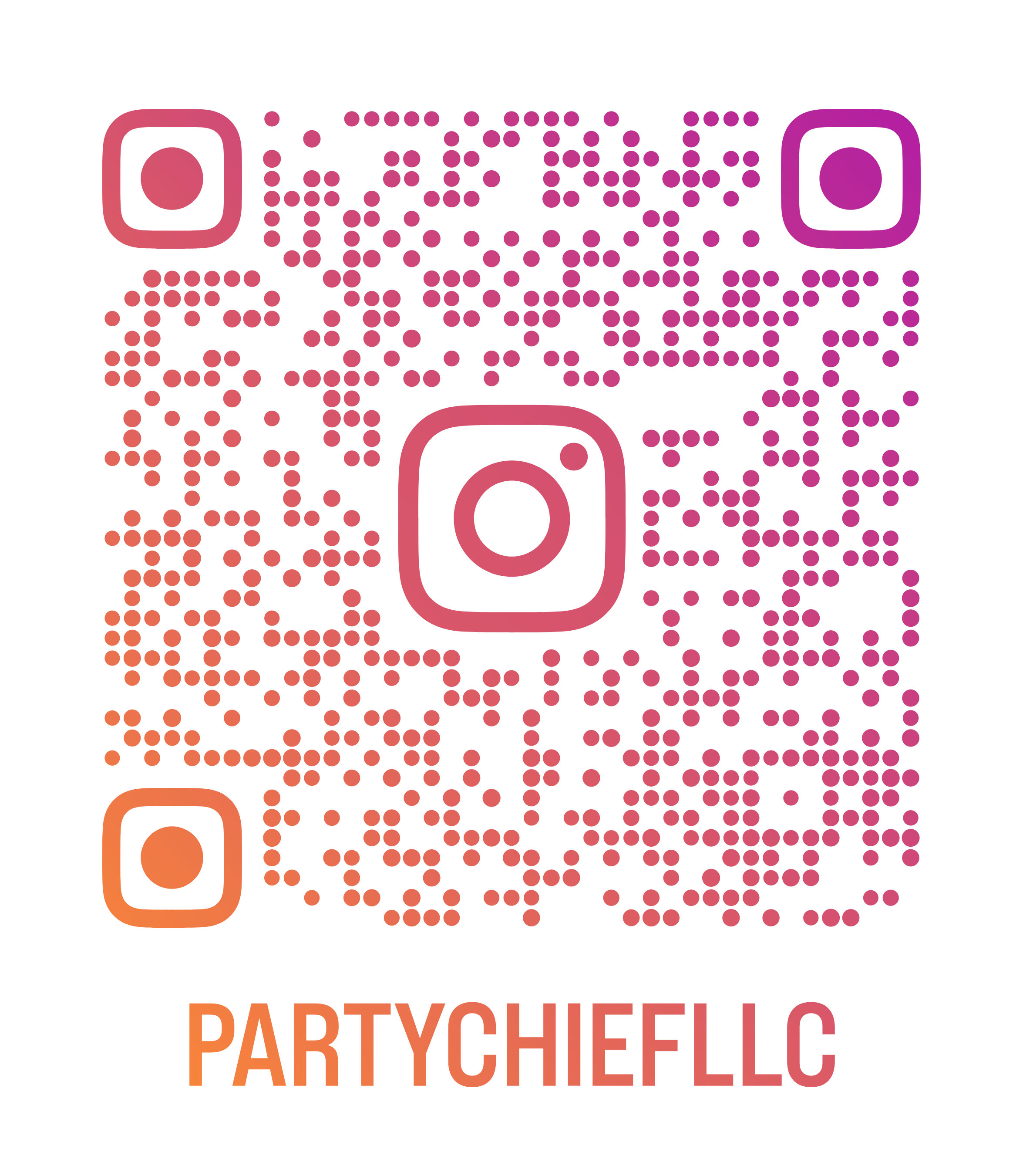 A digital QR code with stylized Instagram logo icons embedded in a dotted pattern, transitioning in color from orange to purple, with the text 'PARTYCHIEFLLC' at the bottom.