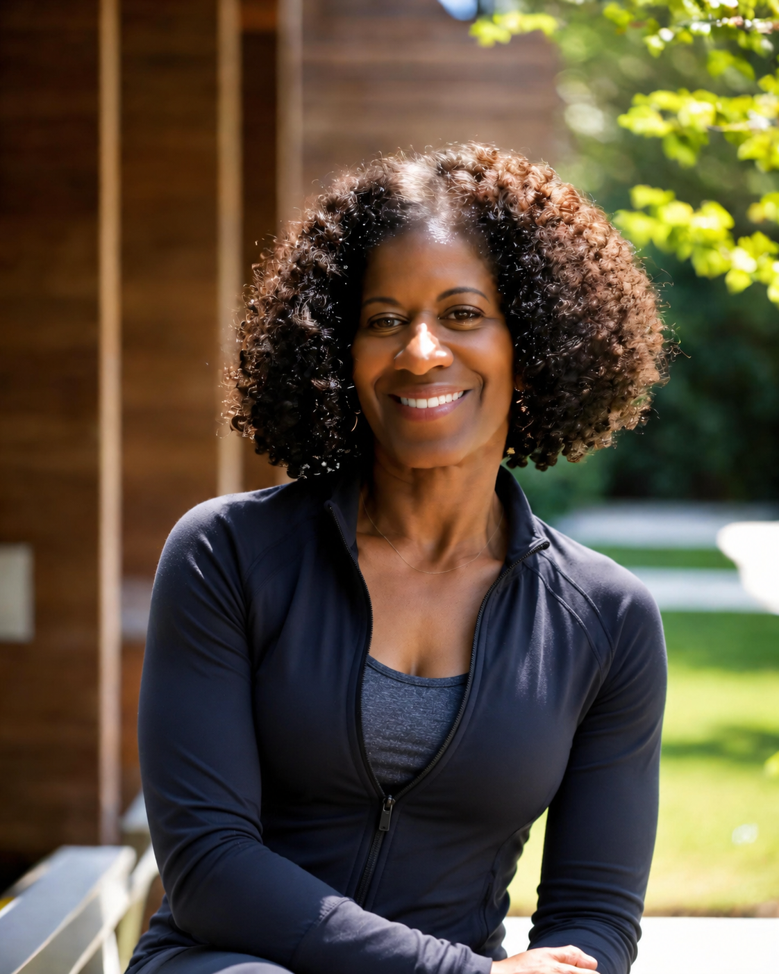 Bernadette Douglas, wellness coach and founder of Soulful Health Coach smiling outdoors, wearing a black athletic jacket and a gray shirt, with greenery and a wooden structure in the background.