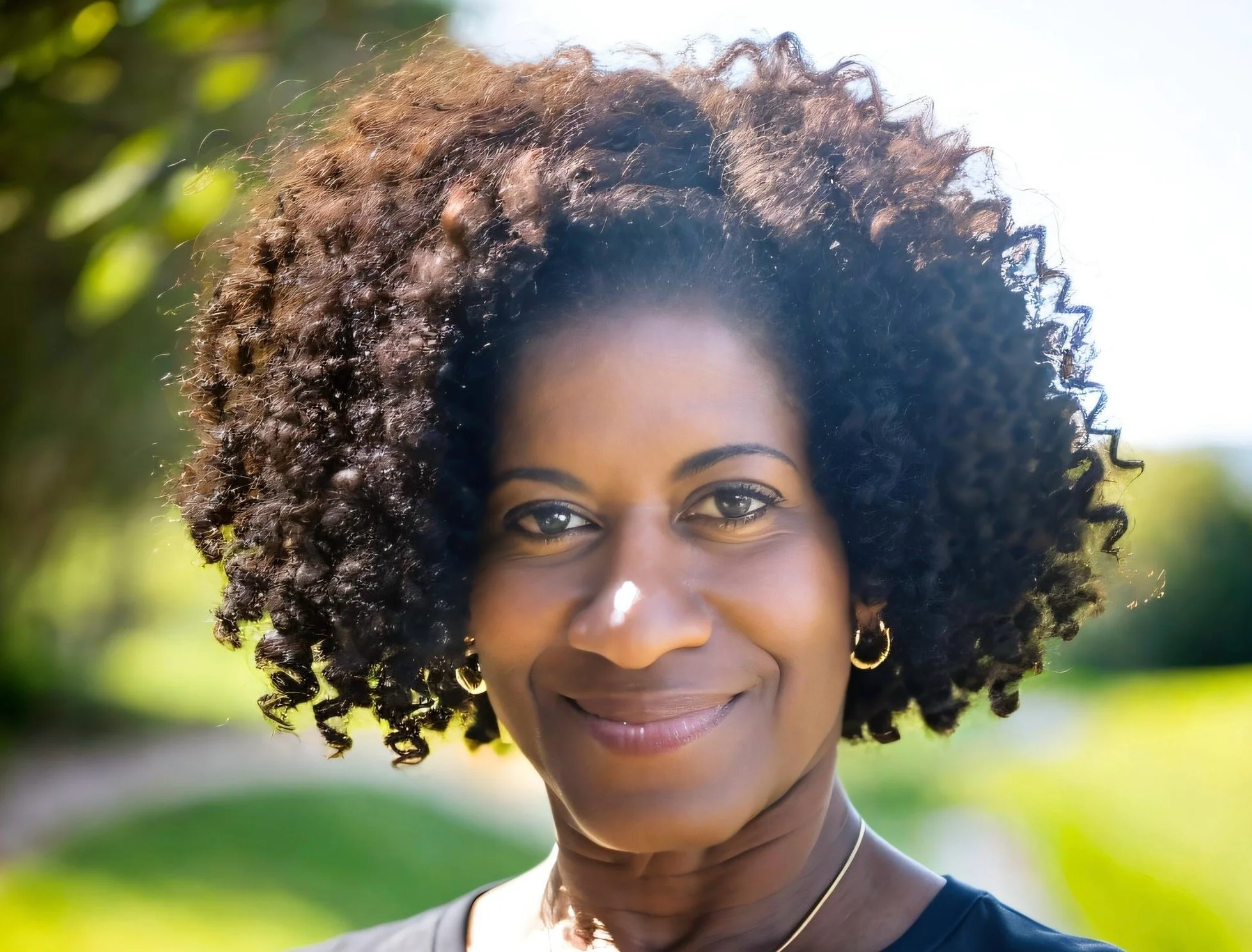 Bernadette Douglas, wellness coach and founder of Soulful Health Coach, outdoors with a blurred green background.