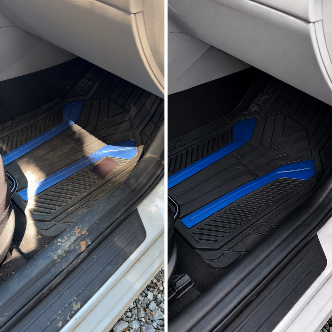 Comparison of car floor mats before and after cleaning, with the cleaned mat on the right showing a shiny, black surface with a blue accent.