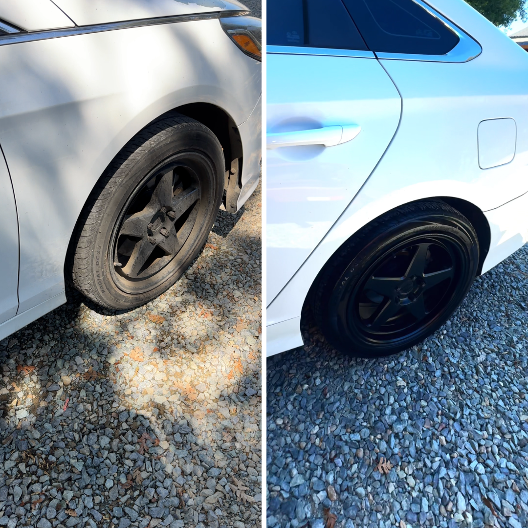 Comparison of a white car's front wheel and fender before and after replacement, with the new wheel being black and the car's body clean and shiny.