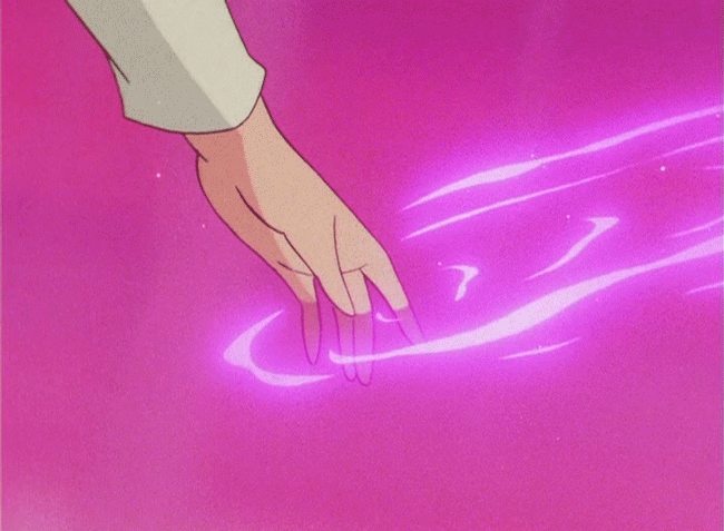 An animated hand with long nails reaches out and touches a pink surface, causing glowing purple energy to swirl around it.