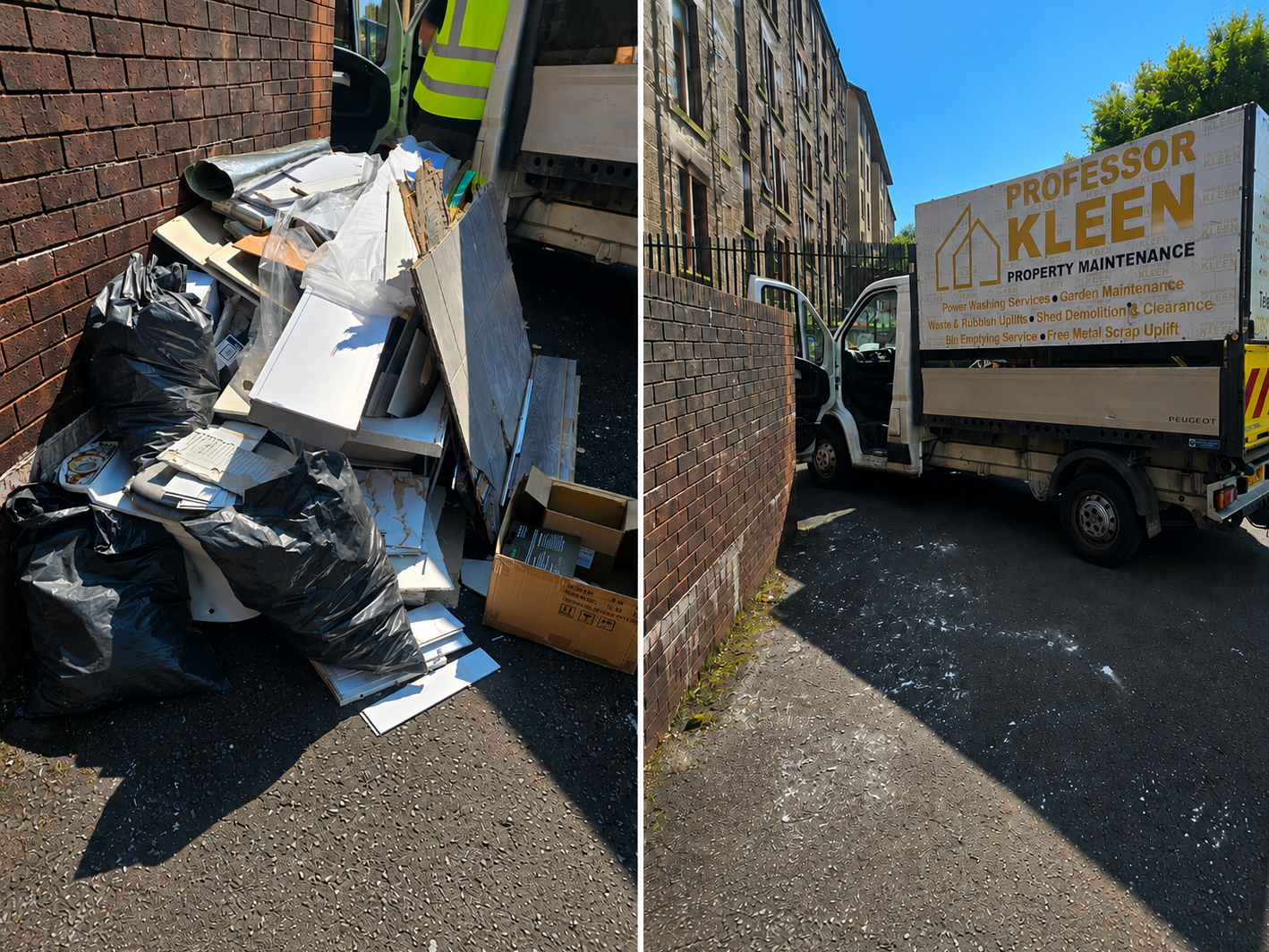 A truck with 'Professor Kleen' property maintenance services is parked on the street, with debris and trash spilled onto the ground next to it. There are two large black garbage bags and a cardboard box filled with papers and trash near the debris. The background includes a brick building, a clear blue sky, and some trees.