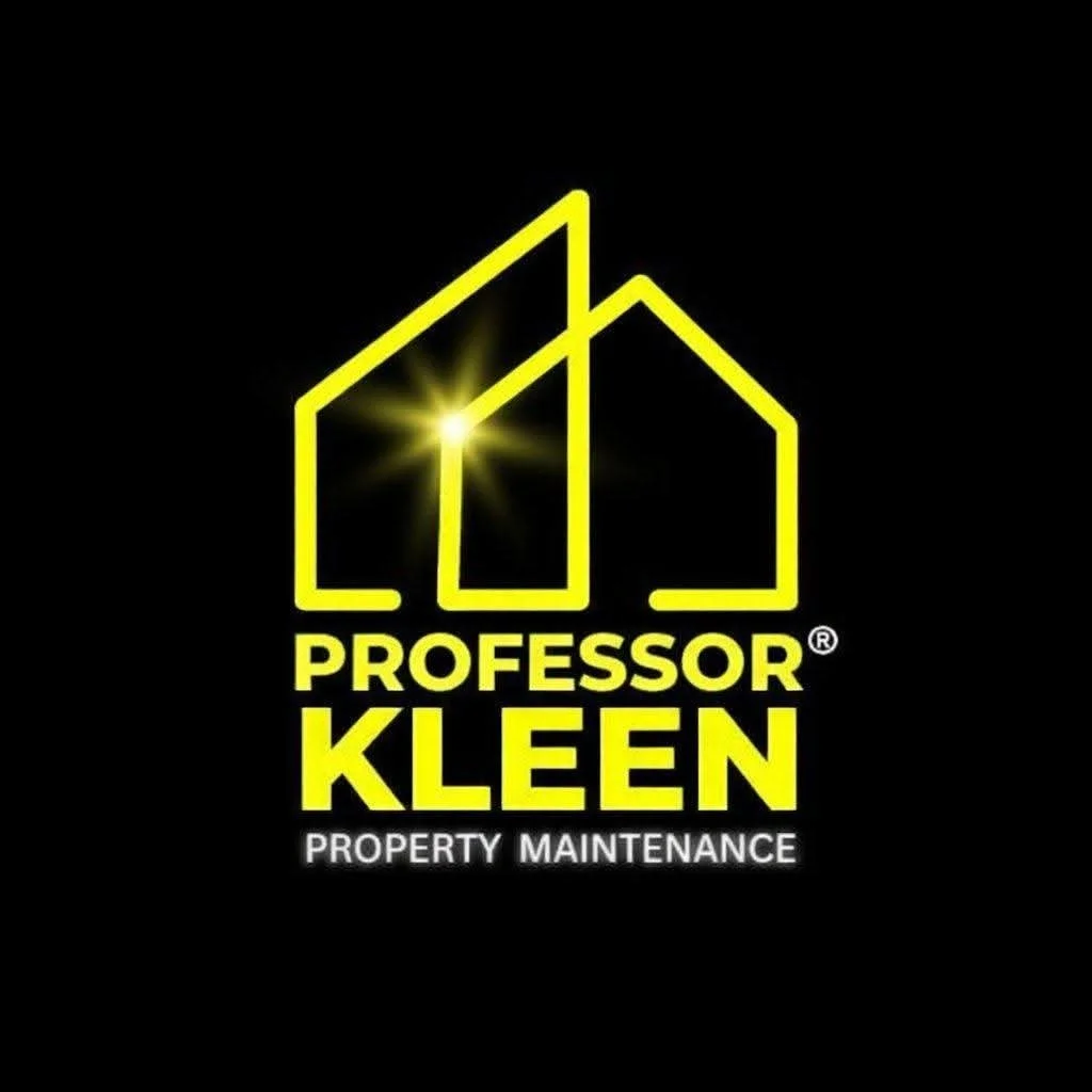 Logo for Professor Kleen Property Maintenance featuring a yellow outline of houses on a black background with a starburst effect and bold yellow text.