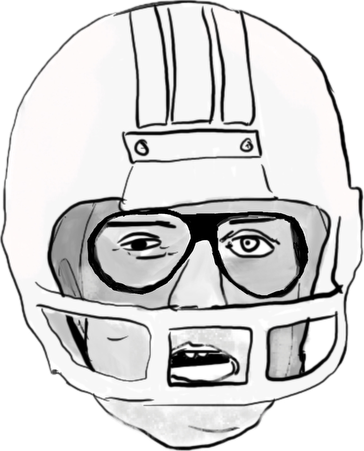 Drawing of a football man wearing a helmet and glasses, with a focused expression.