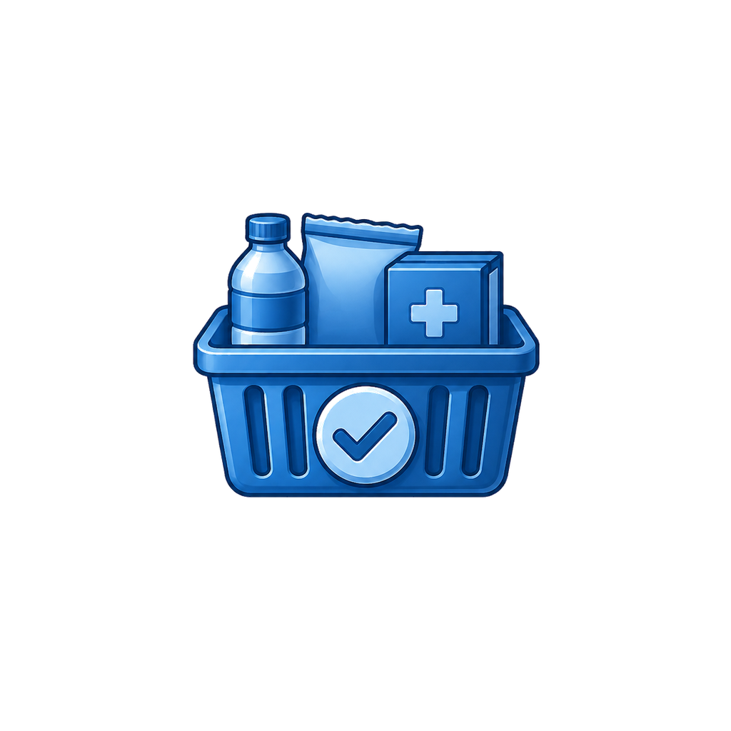 Blue shopping basket containing a water bottle, a first aid kit, and a packet, with a checkmark symbol on the front.