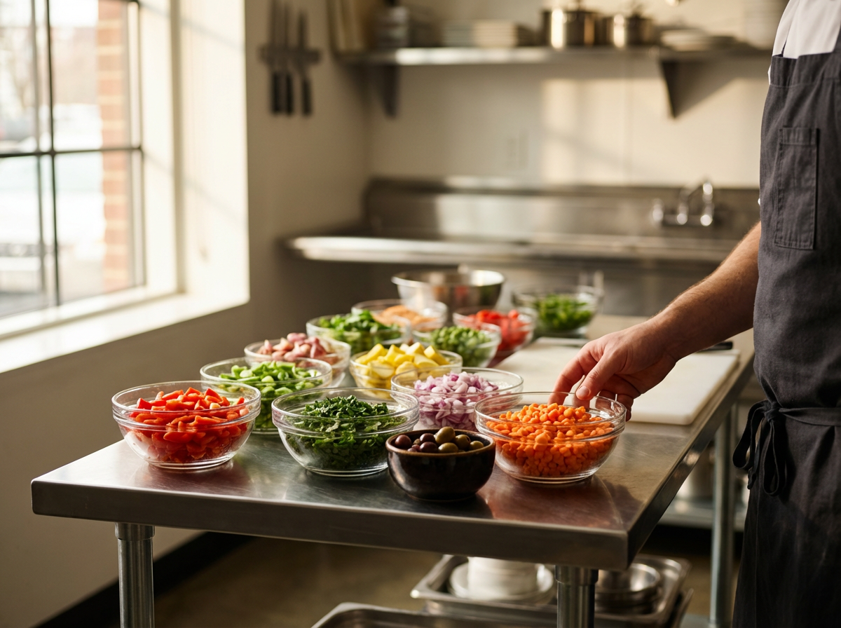 A person wearing a black apron preparing a salad with various chopped vegetables in glass bowls on a metal table in a bright kitchen.
