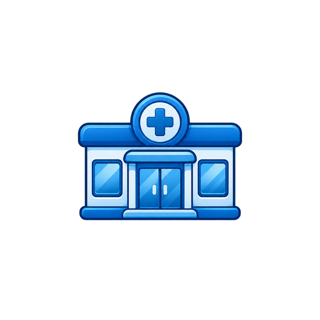 Blue neon icon of a hospital building with a cross symbol on top.