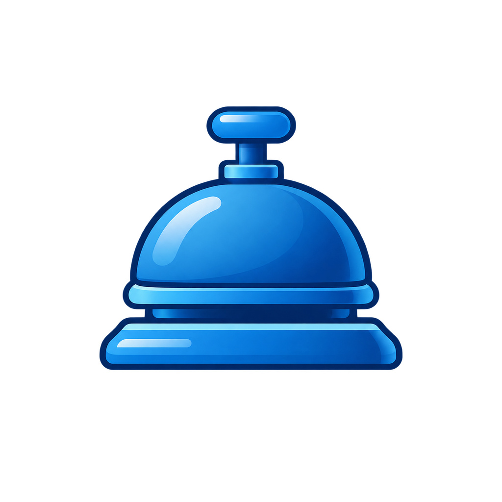 A digital illustration of a blue service bell. It is placed on a surface with a blue background.
