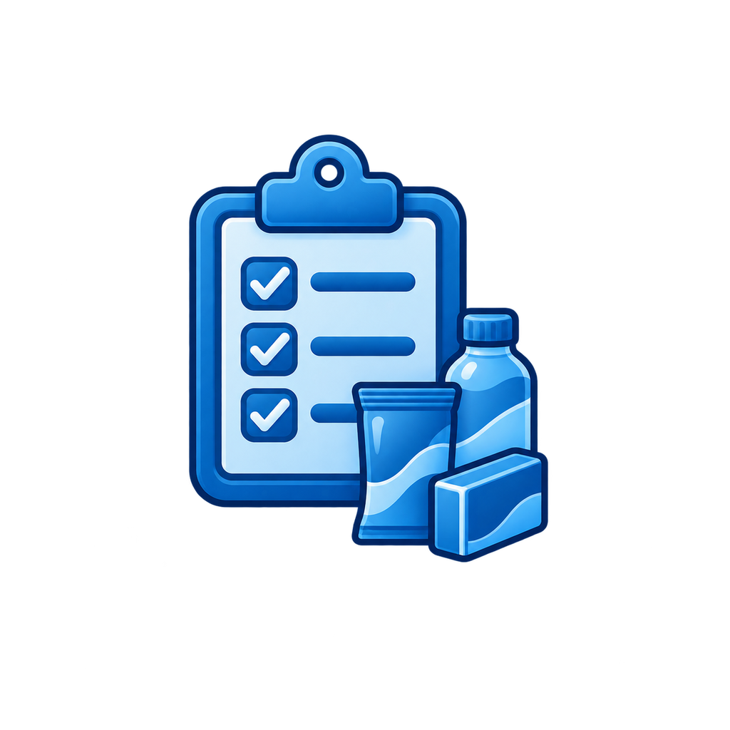A blue clipboard with check marks, alongside a toothbrush, toothpaste, and a soap bar, representing personal care or hygiene.