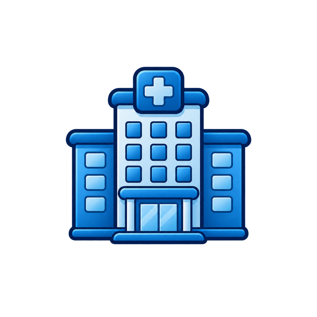 Icon of a hospital building with a cross symbol at the top.