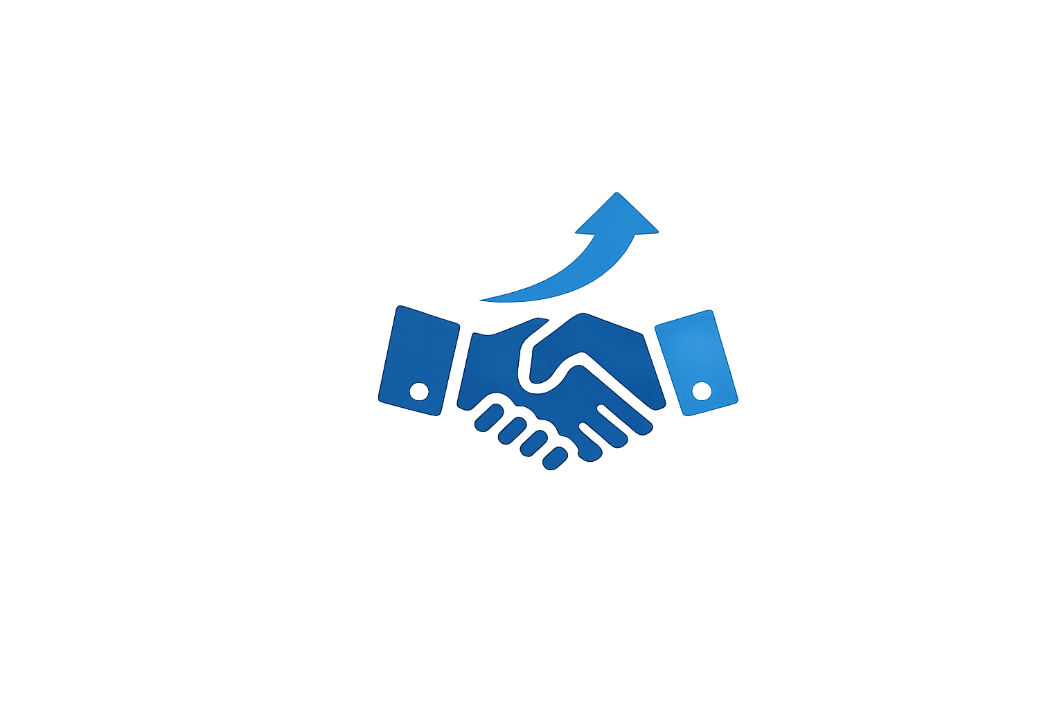 A graphic illustration of a handshake with arrows pointing upwards, symbolizing growth or partnership, in blue color.