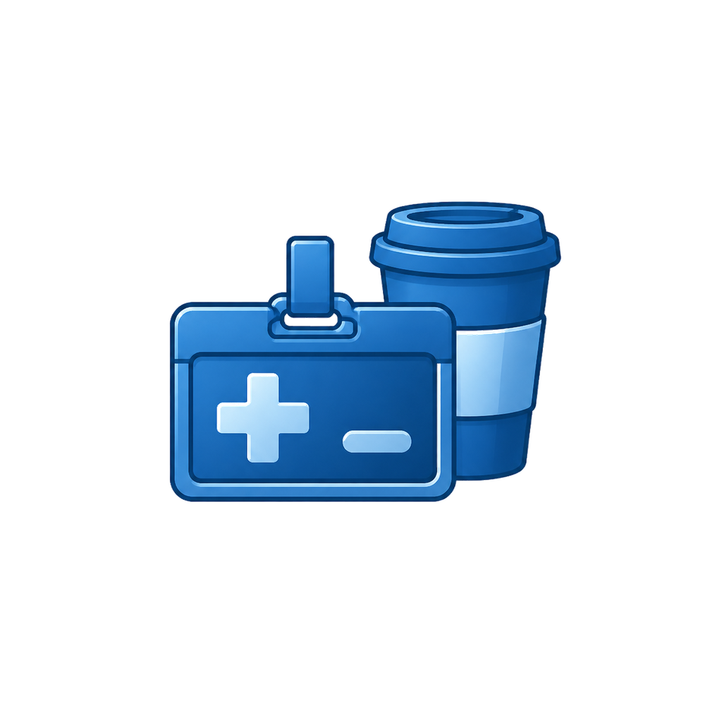 Blue medical kit with a white cross and a disposable coffee cup with a lid