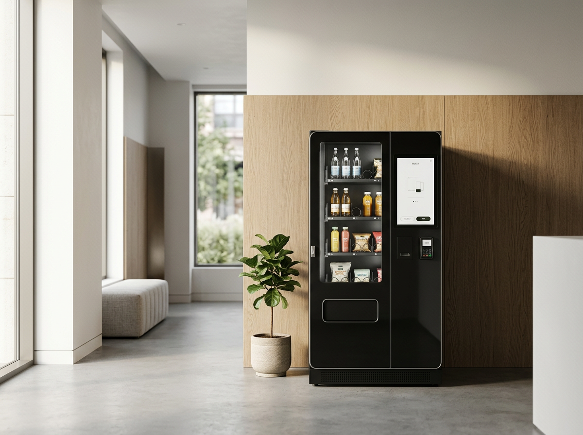 Vending machine with drinks and snacks in a modern, minimalistic lobby area with a potted plant nearby.